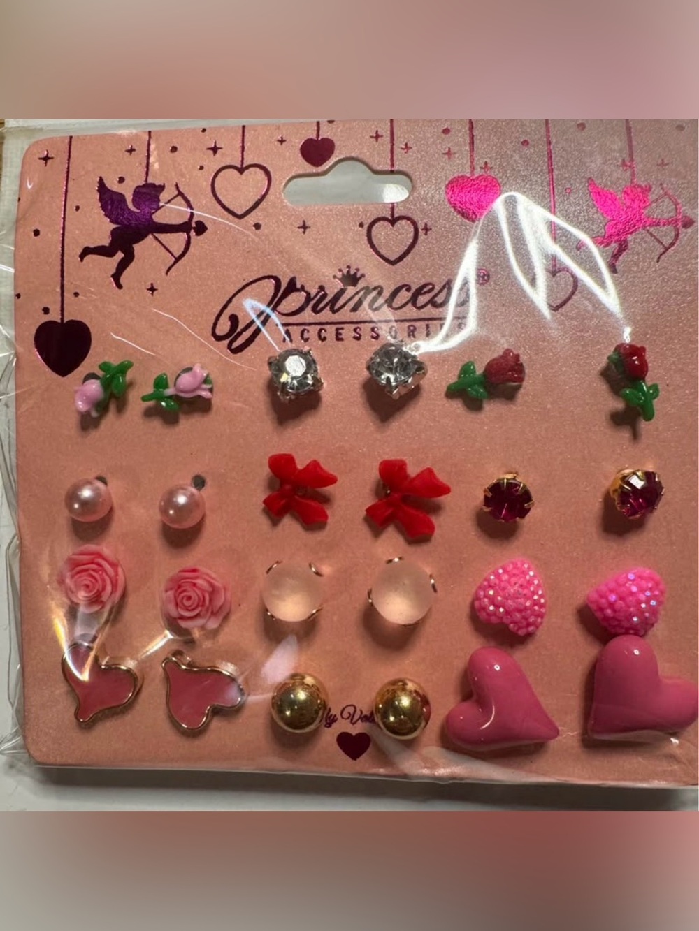 New 12pk Kids Pink Heart & Rose Earring Set- Valentine’s Day